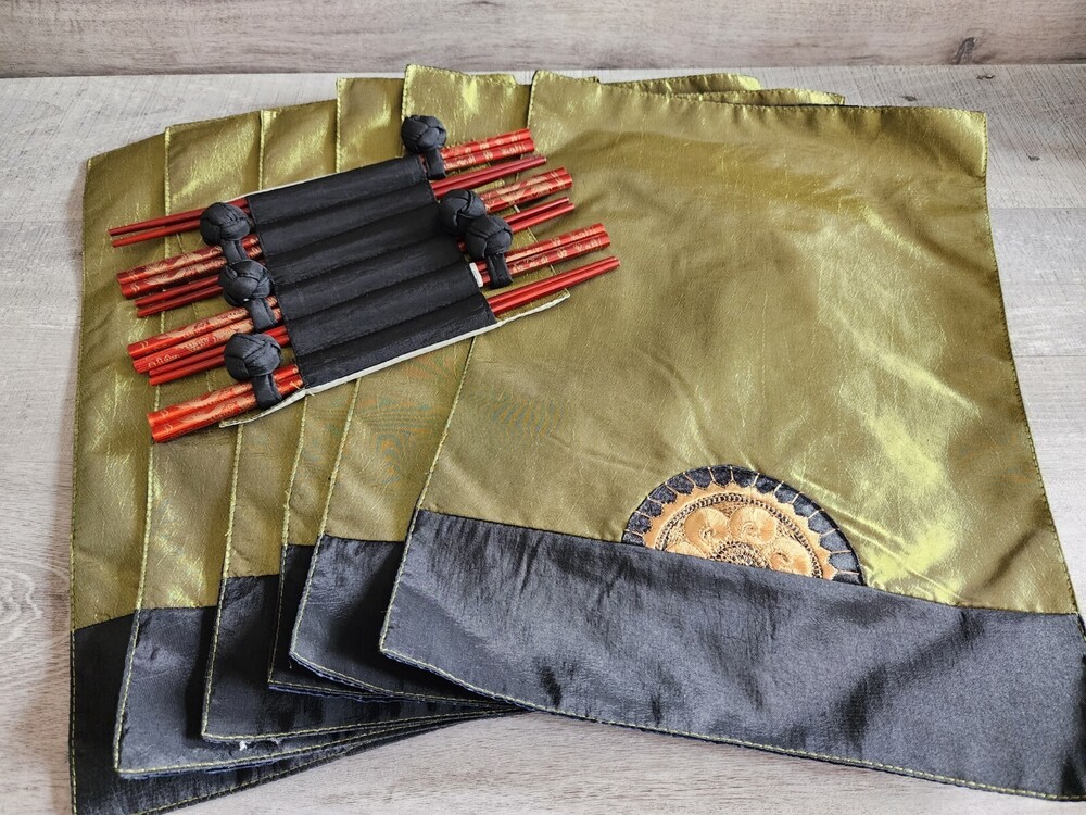 Oriental Design Silk 6 Placemats Green w 6 sets of Chopsticks in Holder - New